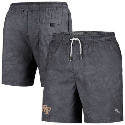 Men's Tommy Bahama Black Wake Forest Demon Deacons Naples Layered Leaves Swim Trunks in Charcoal