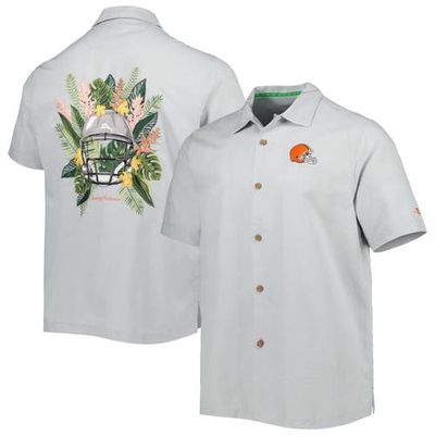 Men's Tommy Bahama Gray Cleveland Browns Coconut Point Frondly Fan Camp IslandZone Button-Up Shirt