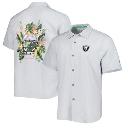 Men's Tommy Bahama Gray Las Vegas Raiders Coconut Point Frondly Fan Camp IslandZone Button-Up Shirt