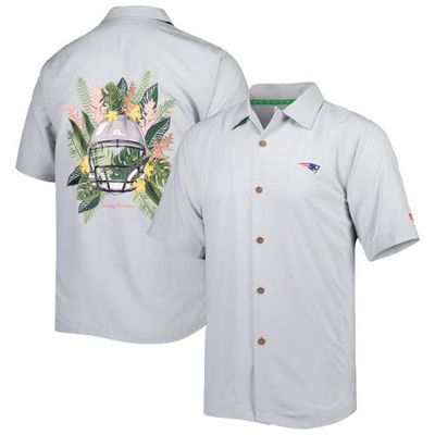Men's Tommy Bahama Gray New England Patriots Coconut Point Frondly Fan Camp IslandZone Button-Up Shirt