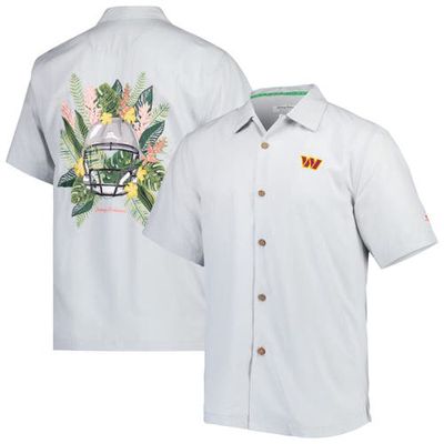 Men's Tommy Bahama Gray Washington Commanders Coconut Point Frondly Fan Camp IslandZone Button-Up Shirt