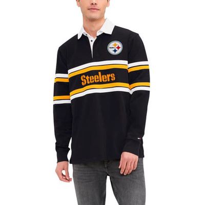 Men's Tommy Hilfiger Black Pittsburgh Steelers Cory Varsity Rugby Long Sleeve T-Shirt