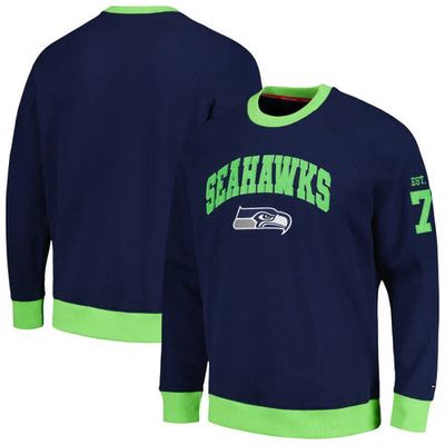 Men's Tommy Hilfiger College Navy/Neon Green Seattle Seahawks Reese Raglan Tri-Blend Pullover Sweatshirt