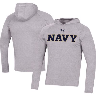 Men's Under Armour Heather Gray Navy Midshipmen School Logo Raglan Long Sleeve Hoodie Performance T-Shirt