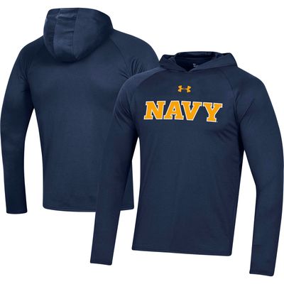 Men's Under Armour Navy Navy Midshipmen School Logo Raglan Long Sleeve Hoodie Performance T-Shirt