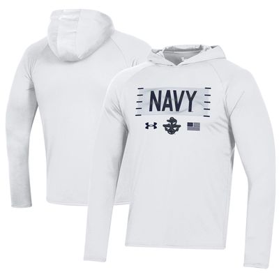 Men's Under Armour White Navy Midshipmen Silent Service Stack Long Sleeve Slim Fit Hoodie T-Shirt