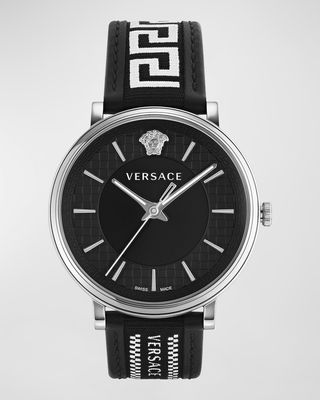 Men's V-Circle Greca Edition Leather Strap Watch, 42mm