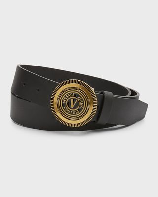 Men's V-Emblem Round Buckle Leather Belt
