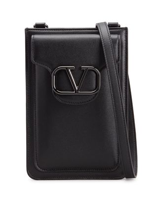 Men's V-Logo Leather Pouch Bag w/ Shoulder Strap