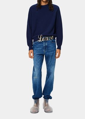 Men's Washed Wide-Leg Jeans with Self Belt