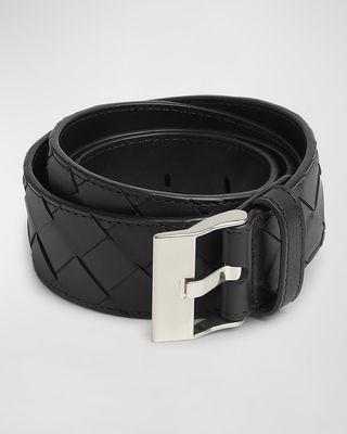 Men's Watch-Buckle Intrecciato Leather Belt