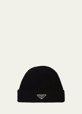 Men's Wool-Cashmere Ribbed Beanie Hat with Symbole