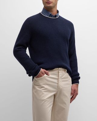 Men's Wool-Cashmere Ribbed Crewneck Sweater with Tipping