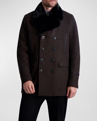 Men's Wool Peacoat w/ Faux Fur Collar