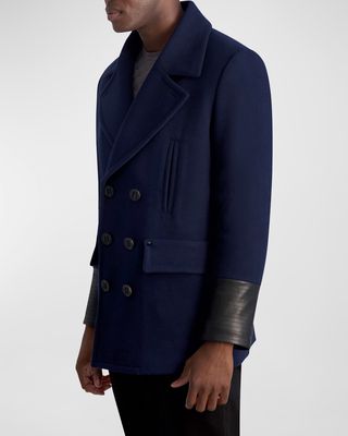 Men's Wool Peacoat with Faux Leather Trim