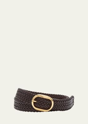 Men's Woven Leather Oval-Buckle Belt