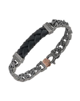 Men's Woven Leather/Silver Chain Bracelet w/ 18k Gold-Plated Clasp, Black