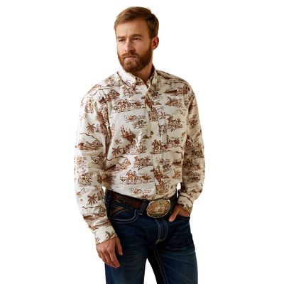 Men's Wrinkle Resist Paniolo Western Aloha Stretch Classic Fit Shirt in Sand, Size: Large_Tall by Ariat