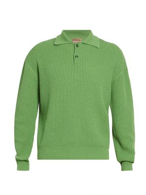 Men's ZEGNA x The Elder Statesman Oasi Cashmere Waffle-Knit Polo Sweater - Bright Green - Size Small