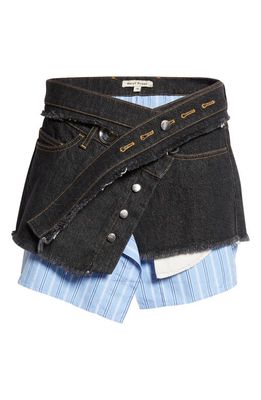 Meryll Rogge Stripe Cotton Poplin & Denim Wrap Miniskirt in Washed Black