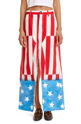 Meryll Rogge x Beni Bischof Long Workwear Skirt in Print Striped Denim Red/White