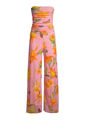 Mesh Floral Strapless Ruched Jumpsuit