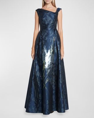 Metallic Bouquet Jacquard Sleeveless Pleated Gown