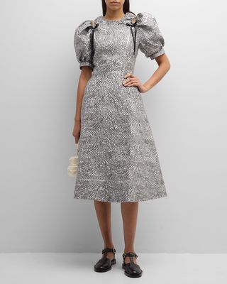 Metallic Brocade Puff-Sleeve Ruched Shoulder Cutout Midi Dress