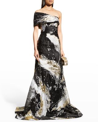 Metallic Brushstroke Jacquard One-Shoulder Gown