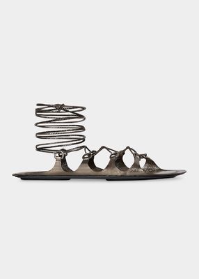 Metallic Calfskin Crisscross Ankle-Wrap Sandals