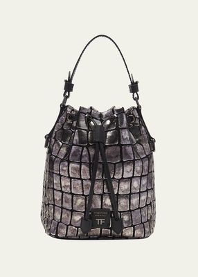 Metallic Croc-Embossed Drawstring Bucket Bag