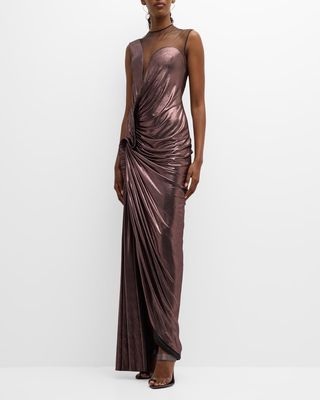 Metallic Draped Gown with Asymmetric Neckline