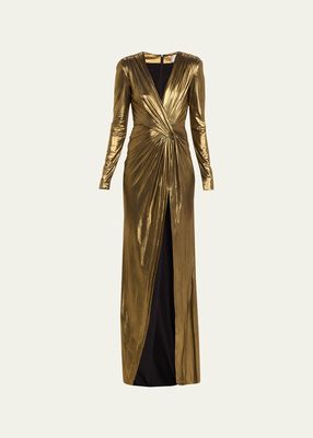 Metallic Draped Lame Gown with Slit