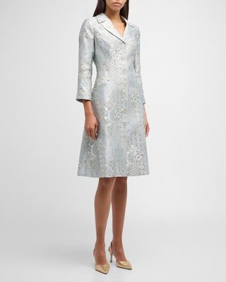 Metallic Floral Jacquard Midi Coat Dress