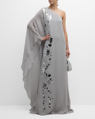 Metallic Foiled One-Shoulder Silk Chiffon Caftan Gown
