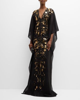 Metallic Foiled Plunging Evening Caftan Gown