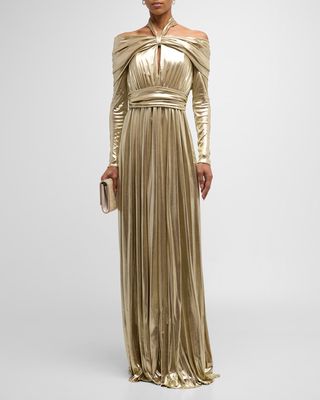 Metallic Gathered Halter Off-The-Shoulder Long-Sleeve Gown