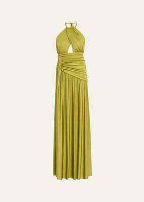 Metallic Jersey Open-Back Halter Maxi Dress