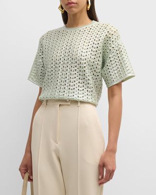 Metallic Lacquered Crochet Knit T-Shirt