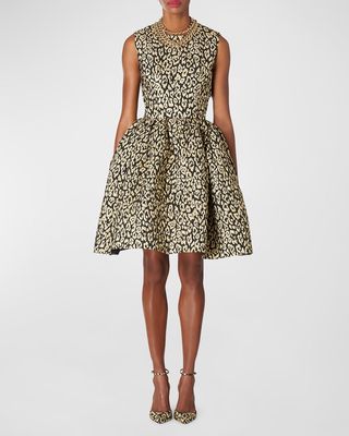 Metallic Leopard Brocade Fit-&-Flare Sleeveless Dress