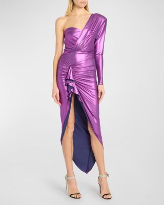 Metallic One-Shoulder Draped High-Low Bustier Dress
