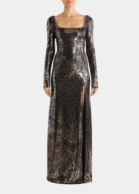 Metallic Patterned Gown w/ Crystal Trim