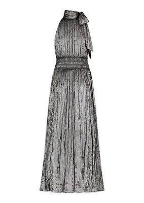 Metallic Pleated Halter Maxi Dress