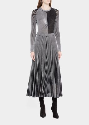 Metallic Rib-Knit Pleated Midi Skirt