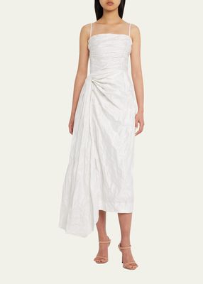 Metallic Ruched Crinkled Midi Cocktail Dress