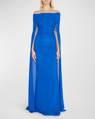 Metallic Ruched Off-The-Shoulder Tulle Cape Gown