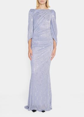 Metallic Sequin-Embellished Voile Cape Gown