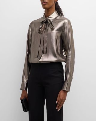 Metallic Silk Neck-Tie Collared Blouse With Included Slip Tank