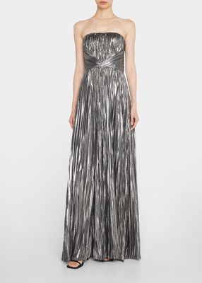 Metallic Strapless Pleated Gown