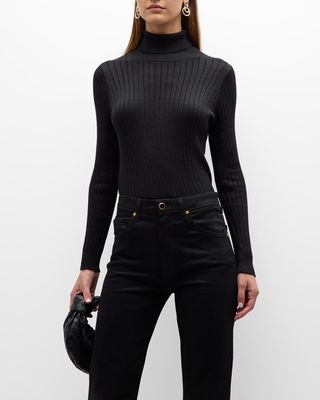 Metallic Stretch Ribbed Turtleneck Sweater